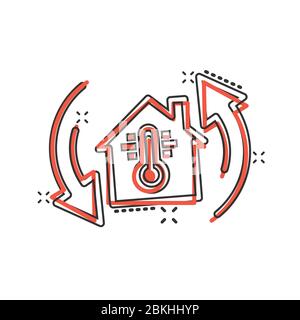 Thermometer home icon in comic style. House climate control cartoon vector illustration on white isolated background. Hot, cold temperature splash eff Stock Vector