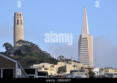 View of the Coit Tower and the Transamerica Pyramid from Fisherman's Wharf, San Francisco, California, USA Stock Photo