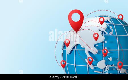 Global communication network. 3D illustration of planet with points connected by lines on blue background, empty space Stock Photo
