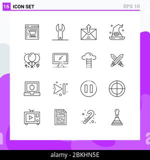 Set of 16 Modern UI Icons Symbols Signs for party, balloon, email, wizard, halloween Editable Vector Design Elements Stock Vector