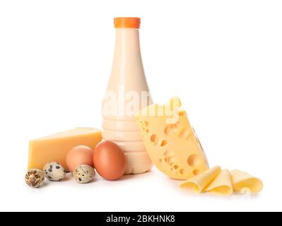 Different dairy products without lactose on white background Stock Photo