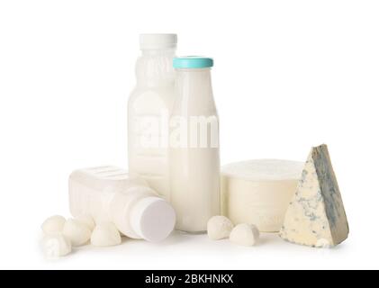 Different dairy products without lactose on white background Stock Photo