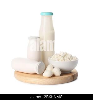 Different dairy products without lactose on white background Stock Photo