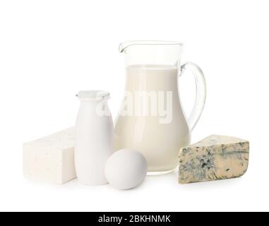 Different dairy products without lactose on white background Stock Photo