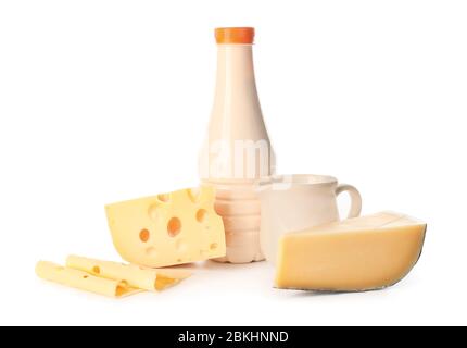 Different dairy products without lactose on white background Stock Photo