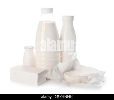 Different dairy products without lactose on white background Stock Photo