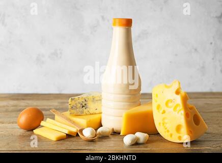 Different dairy products without lactose on table Stock Photo