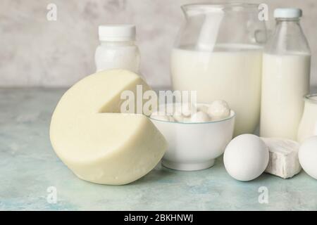 Different dairy products without lactose on table Stock Photo