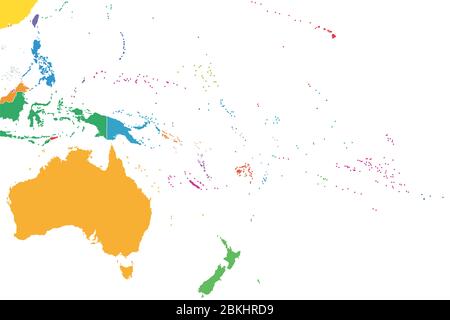 Oceania, colored single states, political map. Geographic region, southeast of the Asia-Pacific region. Australasia, Melanesia, Micronesia, Polynesia.