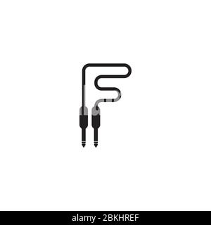an isolated cable jack audio logo concept. Letter F uppercase alphabet logo design template. Black and white Stock Vector