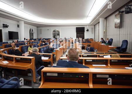 Warsaw, Mazovian, Poland. 4th May, 2020. Three Joint Senate Committees Recommended That The Bill On Correspondence Voting Be Rejected In Its Entirety.in the picture: Human Rights, Rule of Law and Petitions Committee, Local Government and State Administration Committee and Legislative Committee Credit: Hubert Mathis/ZUMA Wire/Alamy Live News Stock Photo