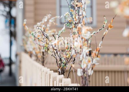decorated trees ready for easter celebrations in Sweden Stock Photo