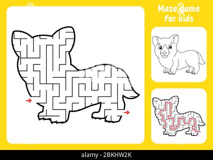 Abstract maze. Adorable Corgi. Game for kids. Puzzle for children. Labyrinth conundrum. Find the right path. Education worksheet. With answer. Stock Vector