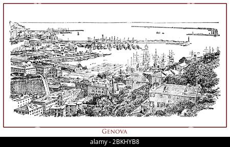 Vintage illustrated table with a panoramic view of the city of Genoa the most important Italian seaport and one of the most important ports on the Mediterranean sea, from a lexicon of the 19th century Stock Photo