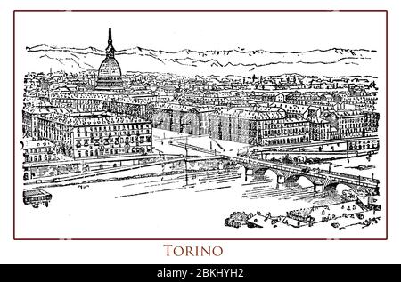 Vintage illustrated table with a panoramic view of the city of  Turin (Torino) important business and cultural centre in northern Italy situated on the Po river banks and surrounded by the Alpine arch of mountains Stock Photo