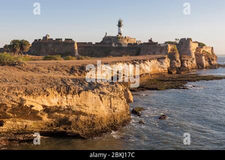 India, Daman and Diu Territory, Diu District, view of the Portuguese fortress, the lighthouse and the Arabian Sea Stock Photo