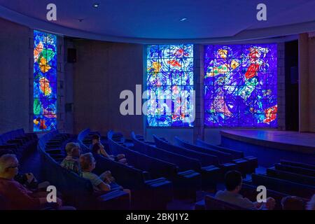 France, Alpes Maritimes, Nice, National Museum of Marc Chagall by architect Andre Hermant and created at the initiative of Andre Malraux, the stained-glass windows of La Création du Monde (1971-1972) in the auditorium Stock Photo