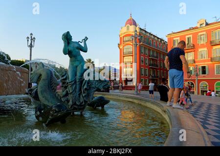 France, Alpes-Maritimes, Nice, old town, Place Massena, the Fontaine du Soleil (Sun fountain) Stock Photo