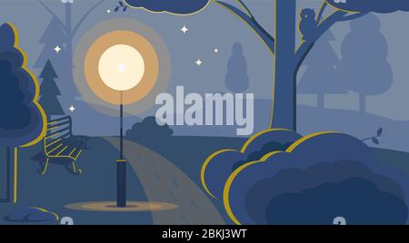 Empty park nature scene at night in simple style illustration Stock ...