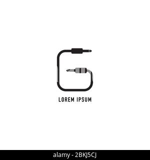 Cable Jack vector illustration forming letter G Alphabet. Audio equipment logo design template, sound system, instrument. Black and White Stock Vector