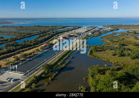 France, Gironde, Bassin d'Arcachon, Audenge, the oyster port (aerial view) Stock Photo