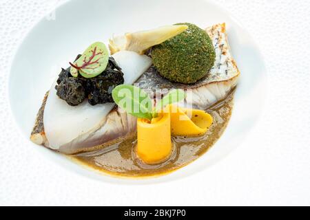 France, Gironde (33), Bassin d'Arcachon, La Teste-de-Buch, maigre de ligne, seiche du Bassin et cromesqui à la persillade/France, Gironde, Bassin d'Arcachon, La Teste-de-Buch, skinny fish, cuttlefish from the basin and cromesqui with parsley Stock Photo