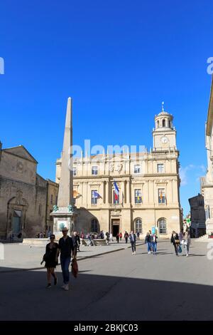France, Bouches du Rhone, Arles, place de la Republique, the obelisk fountain Stock Photo