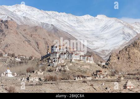 India, Jammu and Kashmir, Ladakh, Likir Gompa, general view on monastery and snow-capped mountains in the background, altitude 3500 meters Stock Photo