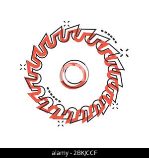 Saw blade icon in comic style. Circular machine cartoon vector illustration on white isolated background. Rotary disc splash effect business concept. Stock Vector