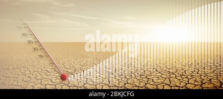 Thermometer shows high air temperature. Global warming concept Stock Photo