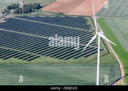 France, Deux Sevres, Thouars, photovoltaic power station and a wind turbine (aerial view) Stock Photo