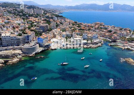 France, Bouches du Rhone, Marseille, 7th arrondissement, Endoume district, Corniche du President John Fitzgerald Kennedy, Place Paul Ricard, Anse Malmousque (aerial view) Stock Photo