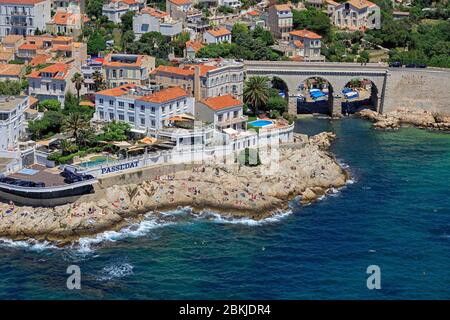 France, Bouches du Rhone, Marseille, 7th arrondissement, Endoume district, Corniche du President John Fitzgerald Kennedy, Pont de la Fausse Monnaie, Le Petit Nice (aerial view) Stock Photo