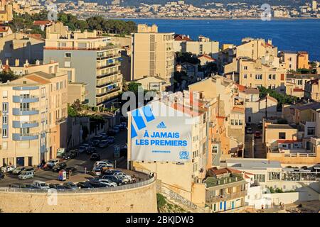 France, Bouches du Rhone, Marseille, 7th arrondissement, Endoume district, Corniche du President John Fitzgerald Kennedy, Place Paul Ricard (aerial view) Stock Photo