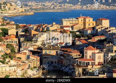 France, Bouches du Rhone, Marseille, 7th arrondissement, Endoume district, Corniche du President John Fitzgerald Kennedy, Anse Malmousque (aerial view) Stock Photo