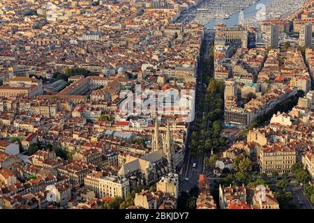 France, Bouches du Rhone, Marseille, 1st arrondissement, Thiers district, La Canebiere, the Vieux Port in the background (aerial view) Stock Photo