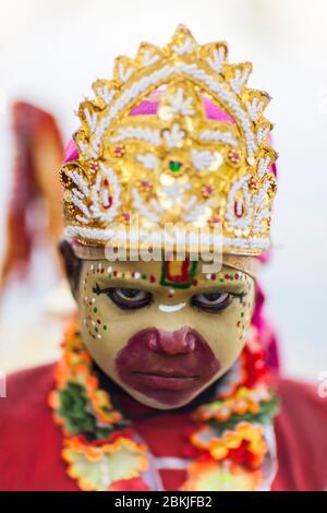 India, Rajasthan, Udaipur, portrait of a young boy wearing makeup like monkey god Hanuman Stock Photo