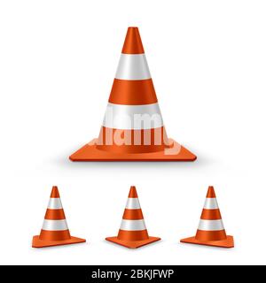 Traffic cones set. Red realistic road plastic cones with white striped, vector illustration Stock Vector