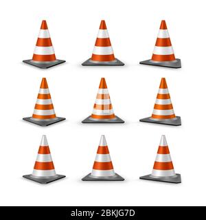 Traffic cones set. Red realistic road plastic cones with white striped, vector illustration Stock Vector