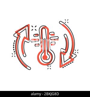 Thermometer climate control icon in comic style. Meteorology balance cartoon vector illustration on white isolated background. Hot, cold temperature s Stock Vector