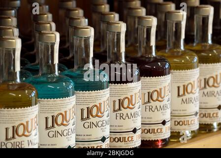 France, Haute Saone, Fougerolles Saint Valbert, Fougerolles, Paul Devoille distillery, shop, bottles of liqueur Stock Photo