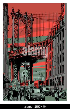 View of Manhattan Bridge from brooklyn - vector illustration (Ideal for printing on fabric or paper, poster or wallpaper, house decoration) Stock Vector