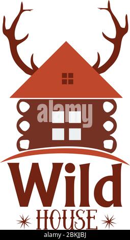 Wooden fabulous house with deer horns. Wild house logo. Vector illustration. Stock Vector