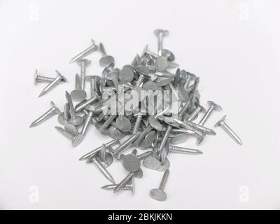 Pile of silver metal roofing tacks on white background with copy space Stock Photo