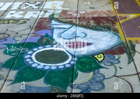Graffiti wall of a flower with a woman's face next to it on grey concrete Stock Photo
