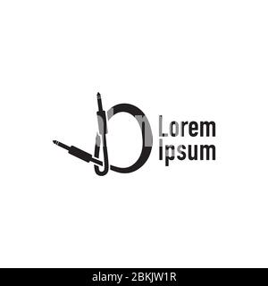 Cable Jack vector illustration forming letter D Alphabet. Initial Abjad Company Logo concept. Audio equipment logo design template, sound system, inst Stock Vector