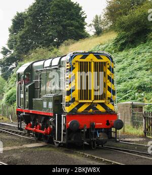 Bridgenorth, England - August 2016: Wide angle view of a preserved diesel electric shunter locomotive on the Severn Valley Railway Stock Photo