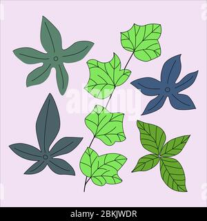 Set of tropical leaves on a blue background in vector graphics. For the design of postcards, prints, banners, notebook covers Stock Vector