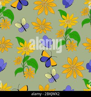 Seamless pattern sunflowers and butterflies on a green background. For the design of textiles, prints on pillows, dishes, kitchen towels, notebook Stock Vector