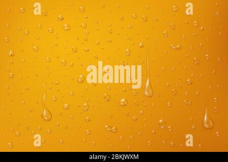 Transparent water drops on the yellow surface, vector illustration Stock Vector